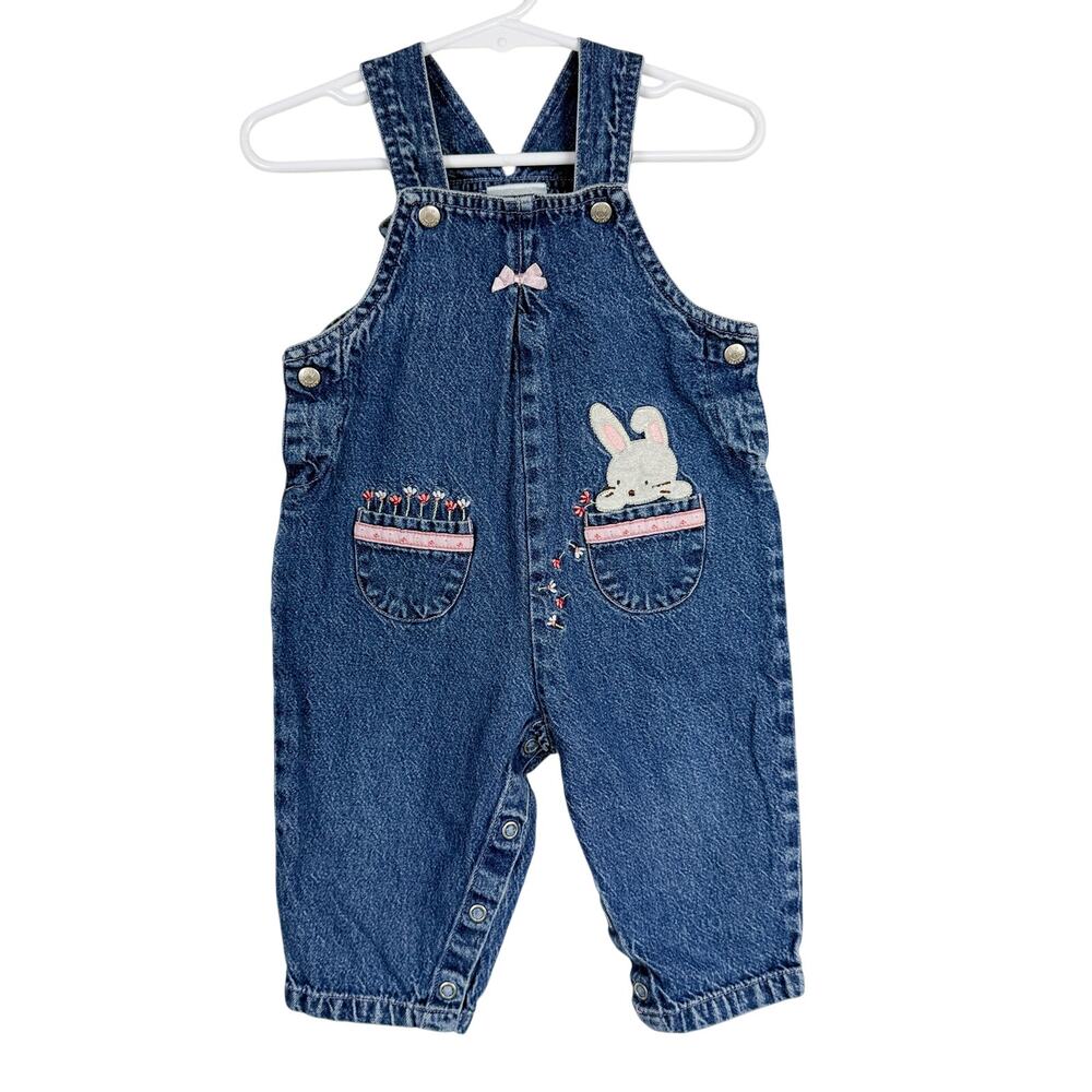 Vtg 90s Carter's Denim Overalls Pink Floral Trim Bunny Bow - 9-12 Months